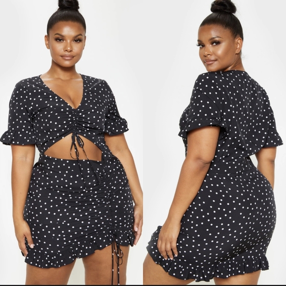 PrettyLittleThing Ruched Polka Dot Bodycon Dress - Picture 1 of 9